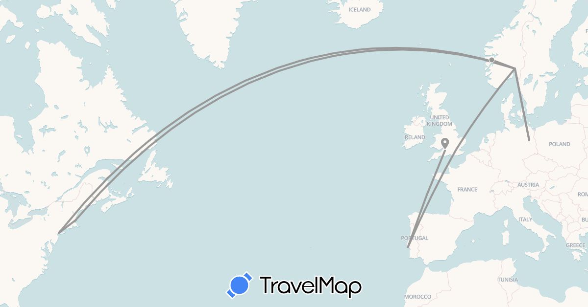 TravelMap itinerary: driving, plane in Germany, United Kingdom, Norway, Portugal, United States (Europe, North America)